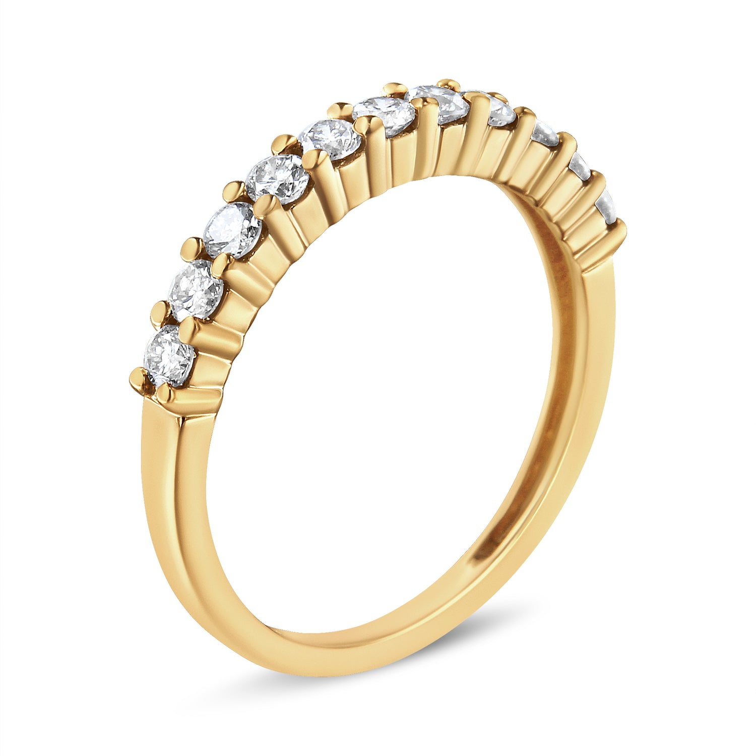 14K Yellow Gold Plated .925 Sterling Silver 1/2 cttw Shared Prong Set Brilliant Round-Cut Diamond 11 Stone Band Ring (J-K Color, I1-I2 Clarity) - Size 7  DestGlow