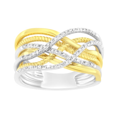 10K Yellow Gold Plated .925 Sterling Silver 1/10 Cttw Diamond Multi Row Crossover Ring Band (I-J Color, I1-I2 Clarity) - Size 7  DestGlow