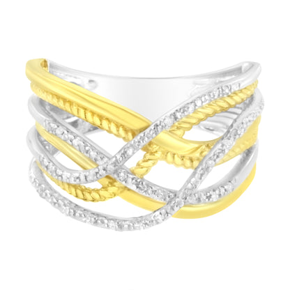 10K Yellow Gold Plated .925 Sterling Silver 1/10 Cttw Diamond Multi Row Crossover Ring Band (I-J Color, I1-I2 Clarity) - Size 7  DestGlow
