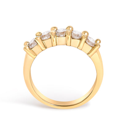 14K Yellow Gold Plated .925 Sterling Silver 1.0 Cttw Shared Prong-set Round Diamond 5 Stone Band Ring (J-K Color, I1-I2 Clarity) - Size 7 by Bids.com