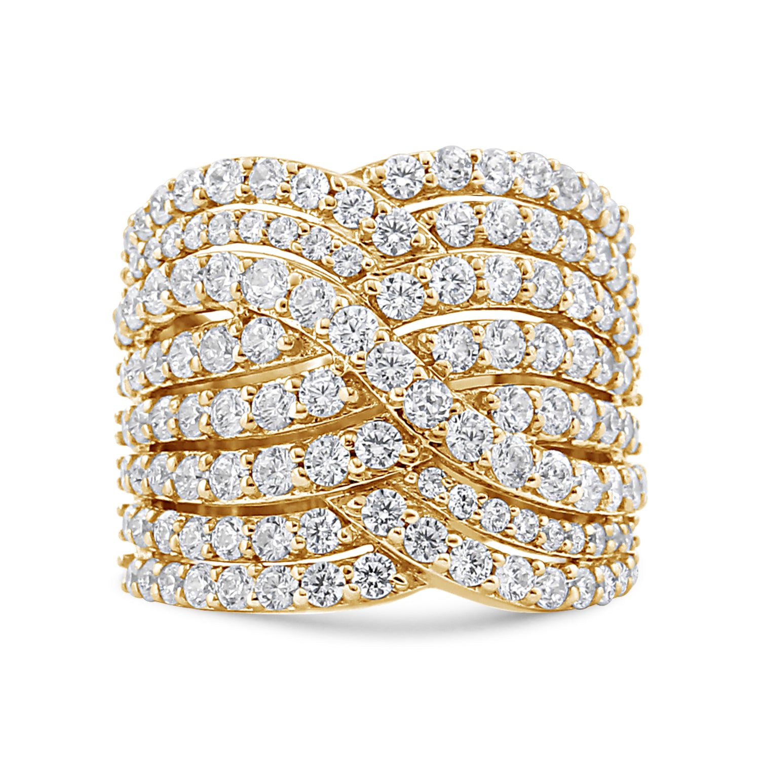 10K Yellow Gold 3.0 Cttw Diamond Eight-Row Bypass Crossover Statement Band Ring (H-I Color, I2-I3 Clarity) - Size 7 by Bids.com