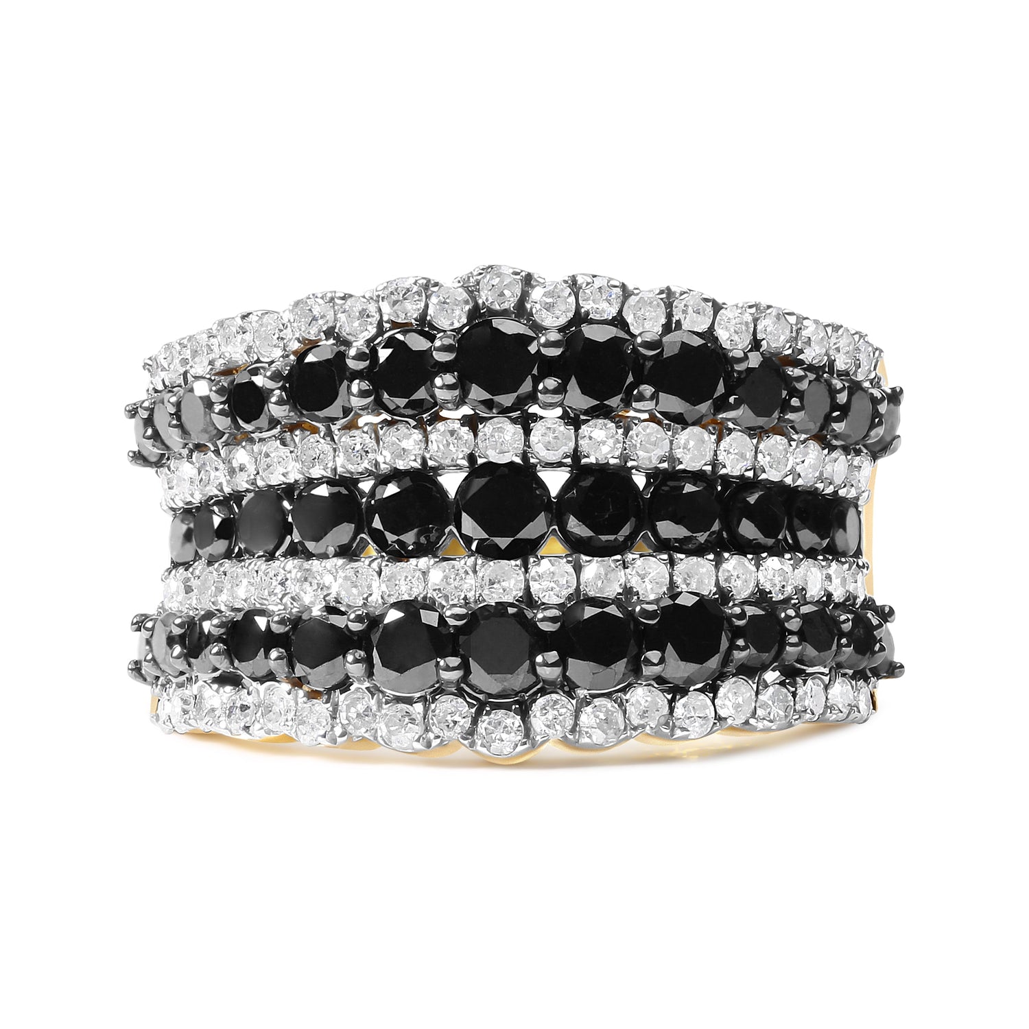 14K Yellow Gold Plated .925 Sterling Silver 1 3/4 Cttw Treated Black and White Alternating Diamond Multi Row Band Ring (Black / I-J Color, I2-I3 Clarity) - Size 7 by Bids.com