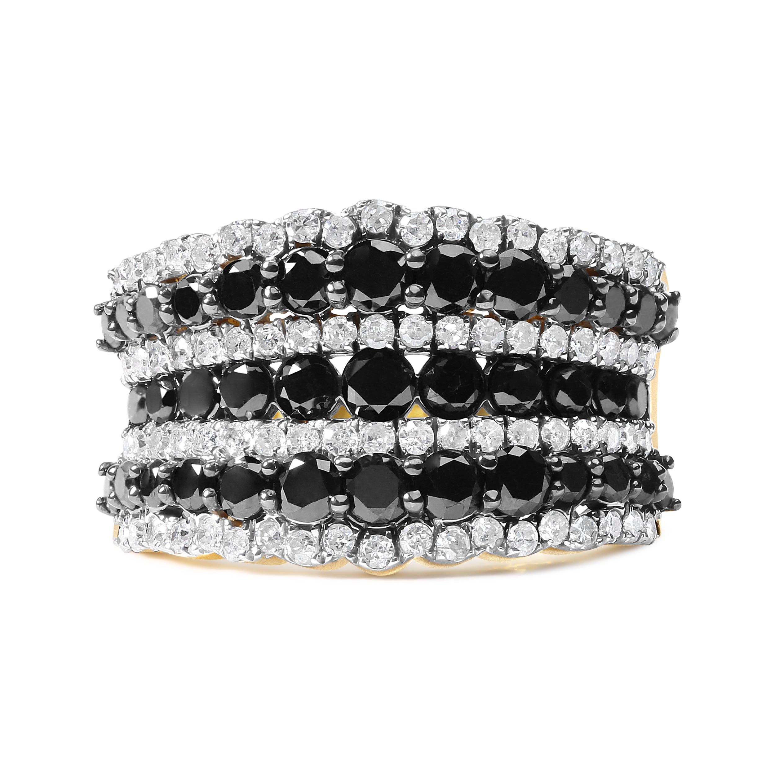 14K Yellow Gold Plated .925 Sterling Silver 1 3/4 Cttw Treated Black and White Alternating Diamond Multi Row Band Ring (Black / I-J Color, I2-I3 Clarity) - Size 7 by Bids.com