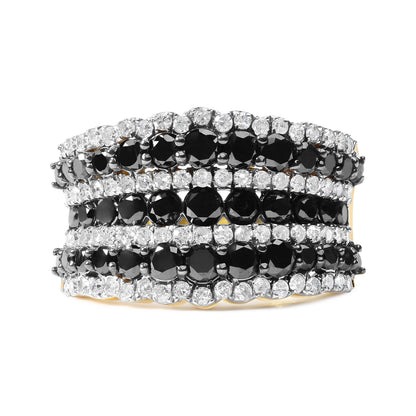 14K Yellow Gold Plated .925 Sterling Silver 1 3/4 Cttw Treated Black and White Alternating Diamond Multi Row Band Ring (Black / I-J Color, I2-I3 Clarity) - Size 7 by Bids.com