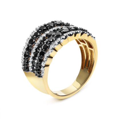 14K Yellow Gold Plated .925 Sterling Silver 1 3/4 Cttw Treated Black and White Alternating Diamond Multi Row Band Ring (Black / I-J Color, I2-I3 Clarity) - Size 7 by Bids.com