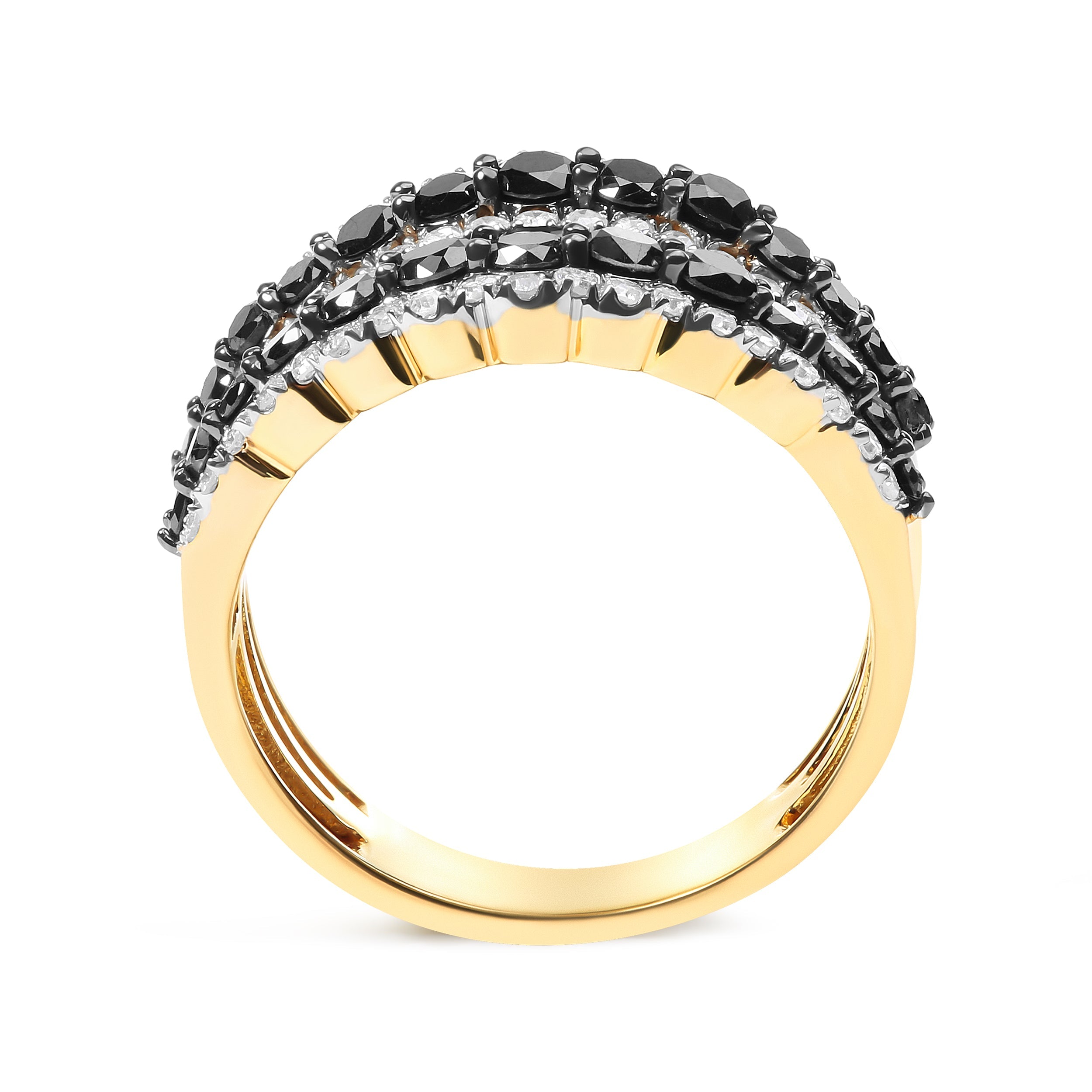 14K Yellow Gold Plated .925 Sterling Silver 1 3/4 Cttw Treated Black and White Alternating Diamond Multi Row Band Ring (Black / I-J Color, I2-I3 Clarity) - Size 7 by Bids.com