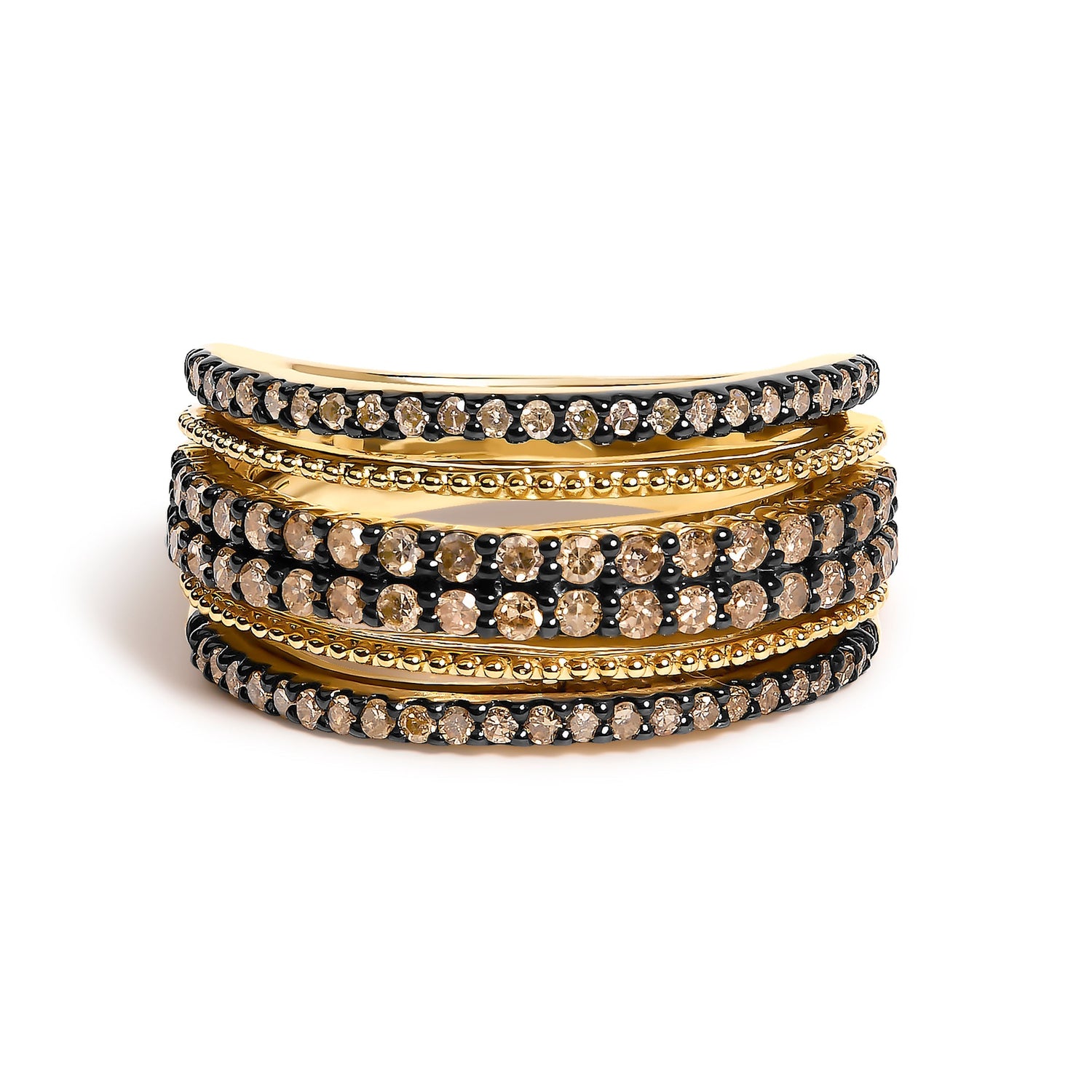 10K Yellow Gold Plated Sterling Silver 1.00 Cttw Champagne Diamond Multi Layer Band Ring  DestGlow