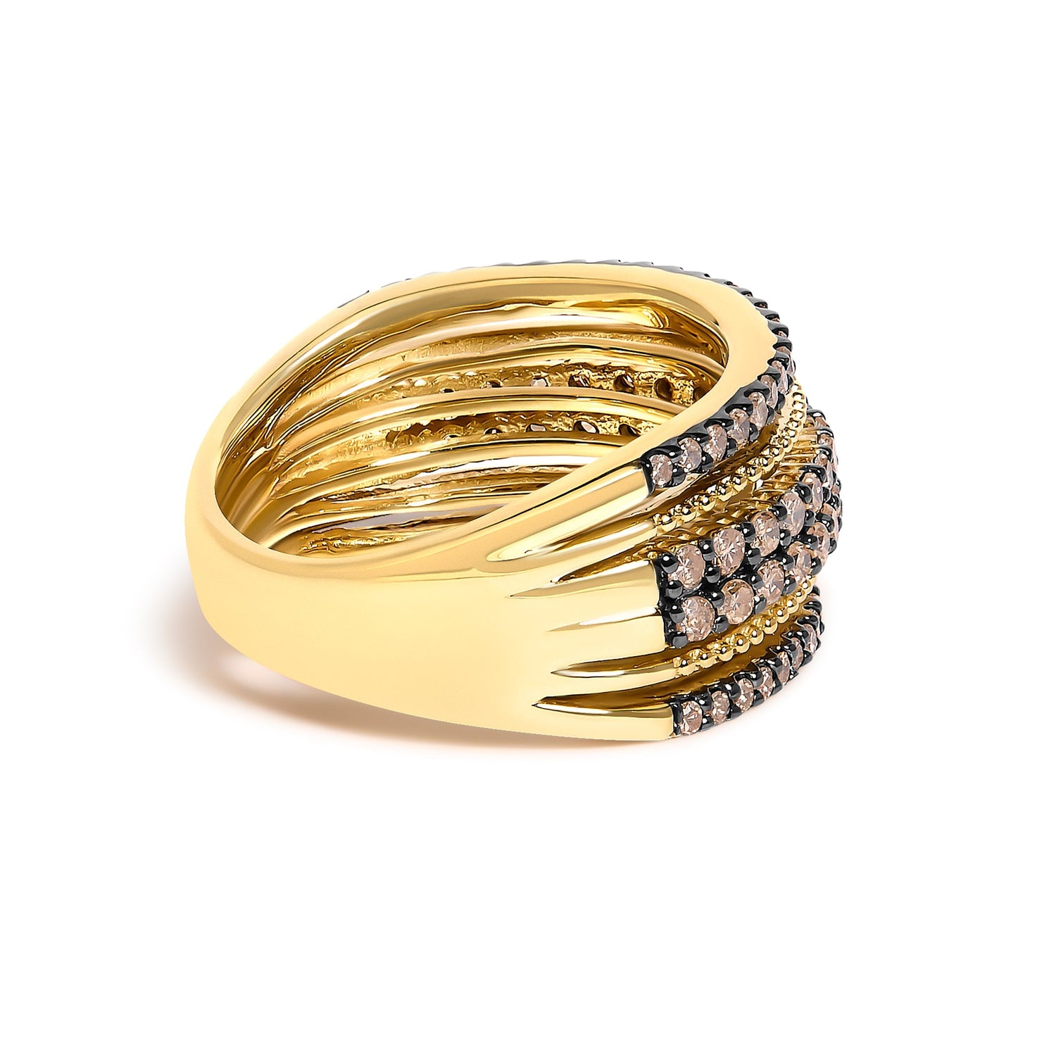 10K Yellow Gold Plated Sterling Silver 1.00 Cttw Champagne Diamond Multi Layer Band Ring  DestGlow
