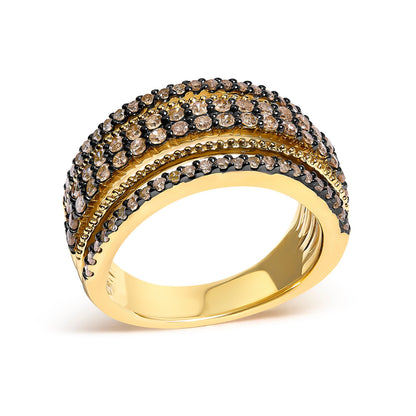 10K Yellow Gold Plated Sterling Silver 1.00 Cttw Champagne Diamond Multi Layer Band Ring  DestGlow