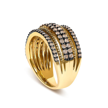 10K Yellow Gold Plated Sterling Silver 1.00 Cttw Champagne Diamond Multi Layer Band Ring  DestGlow
