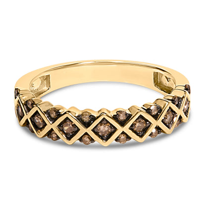 10K Yellow Gold Plated .925 Sterling Silver 1/4 Cttw Champagne Diamond Geometric Band Ring - Size 7 by Bids.com