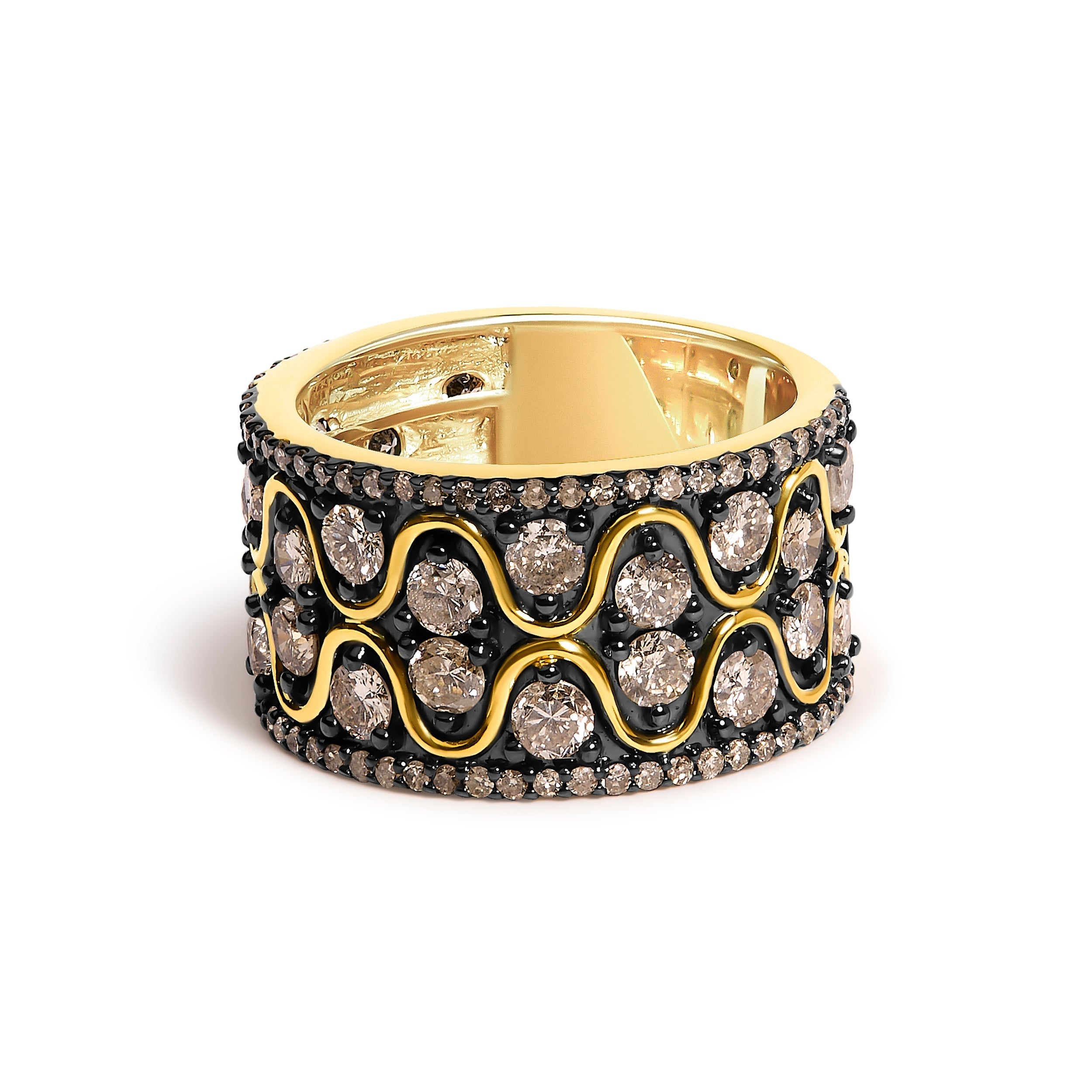 10K Yellow Gold Plated Sterling Silver 2-1/2 Cttw Champagne Diamond Wavy Band Ring  DestGlow