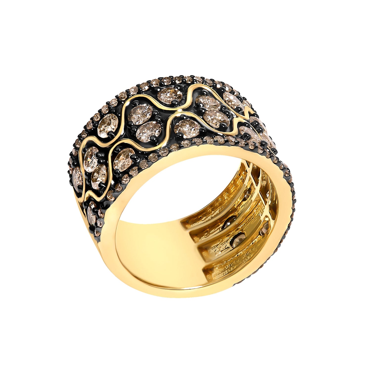 10K Yellow Gold Plated Sterling Silver 2-1/2 Cttw Champagne Diamond Wavy Band Ring  DestGlow