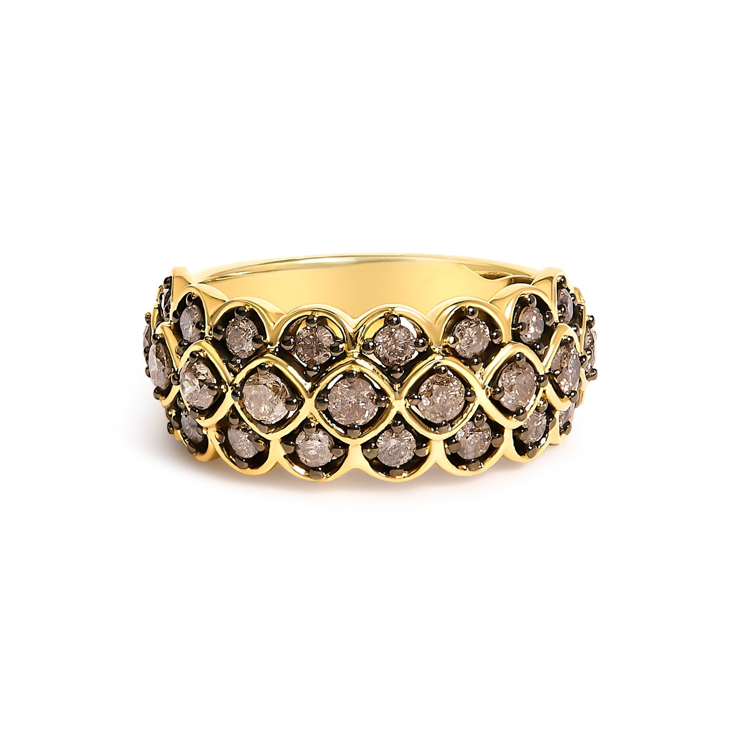 10K Yellow Gold Plated Sterling Silver 1.0 Cttw Brown Diamond Scalloped Motif Band Ring  DestGlow