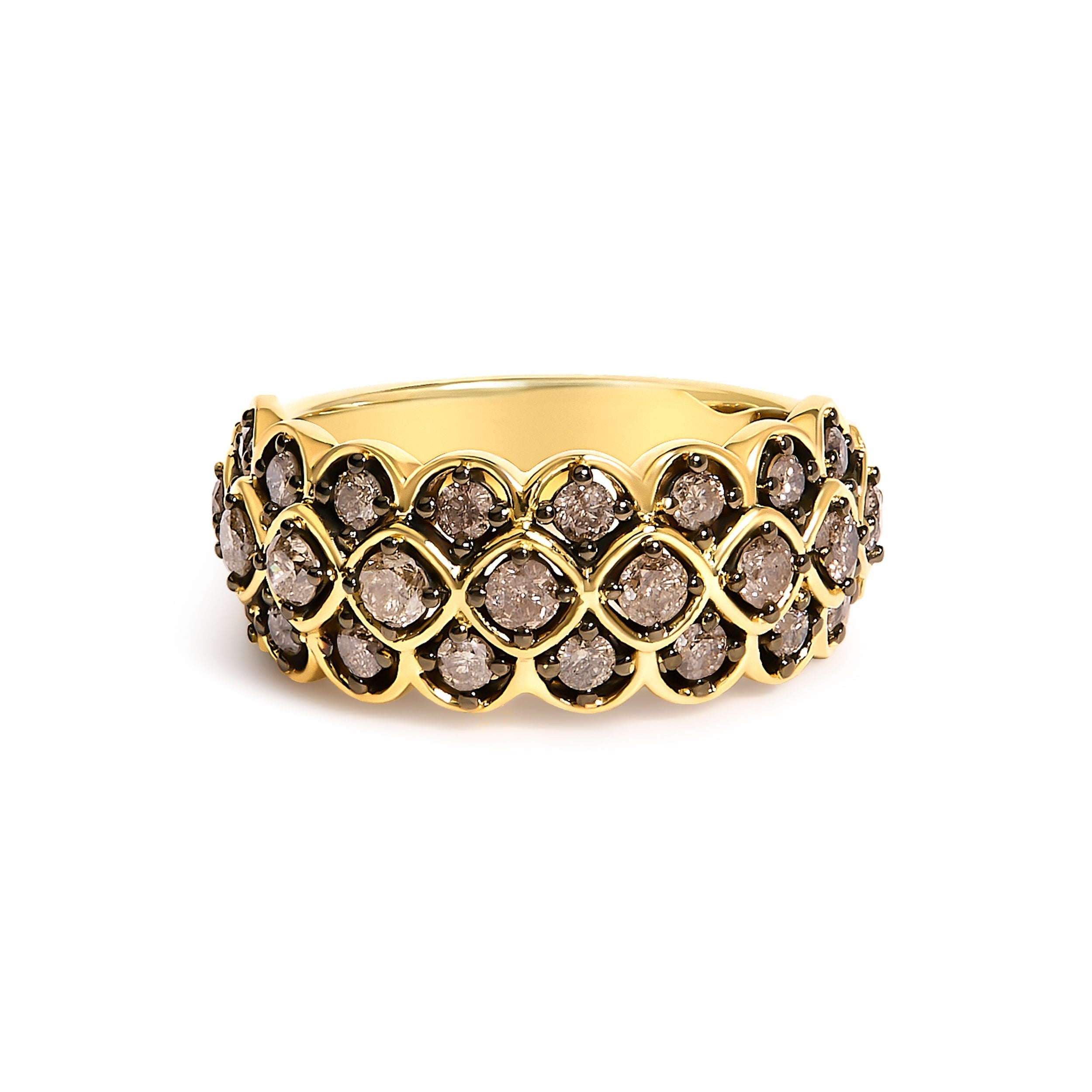 10K Yellow Gold Plated Sterling Silver 1.0 Cttw Brown Diamond Scalloped Motif Band Ring  DestGlow
