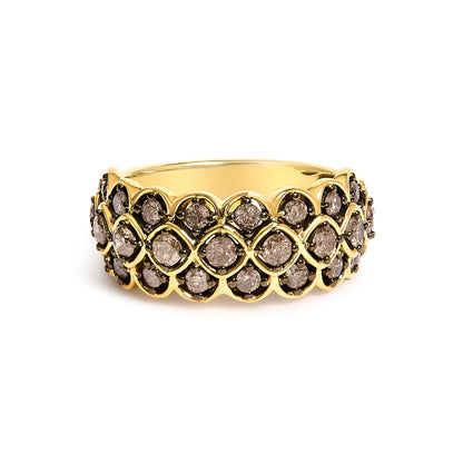 10K Yellow Gold Plated Sterling Silver 1.0 Cttw Brown Diamond Scalloped Motif Band Ring  DestGlow