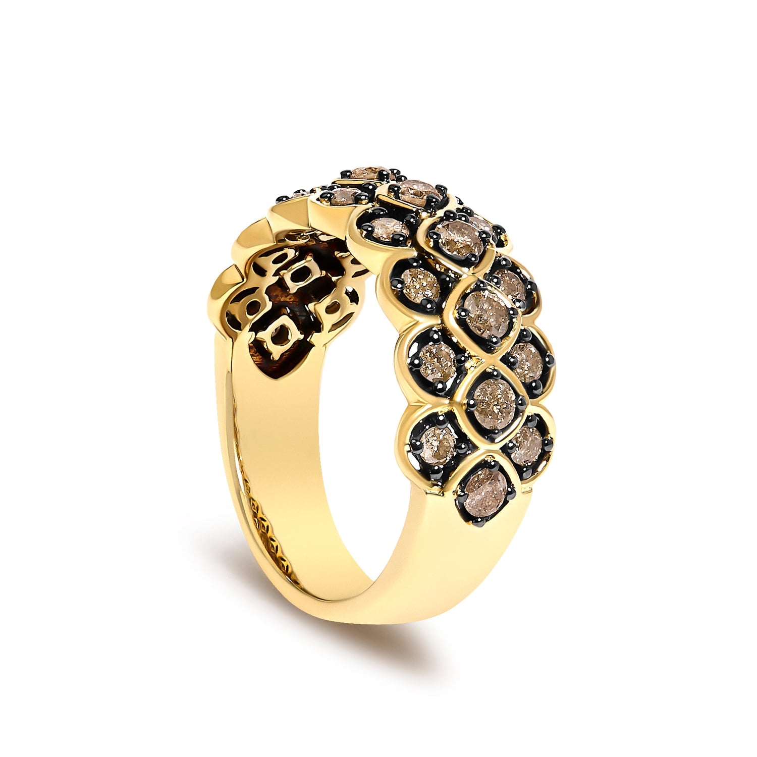 10K Yellow Gold Plated Sterling Silver 1.0 Cttw Brown Diamond Scalloped Motif Band Ring  DestGlow