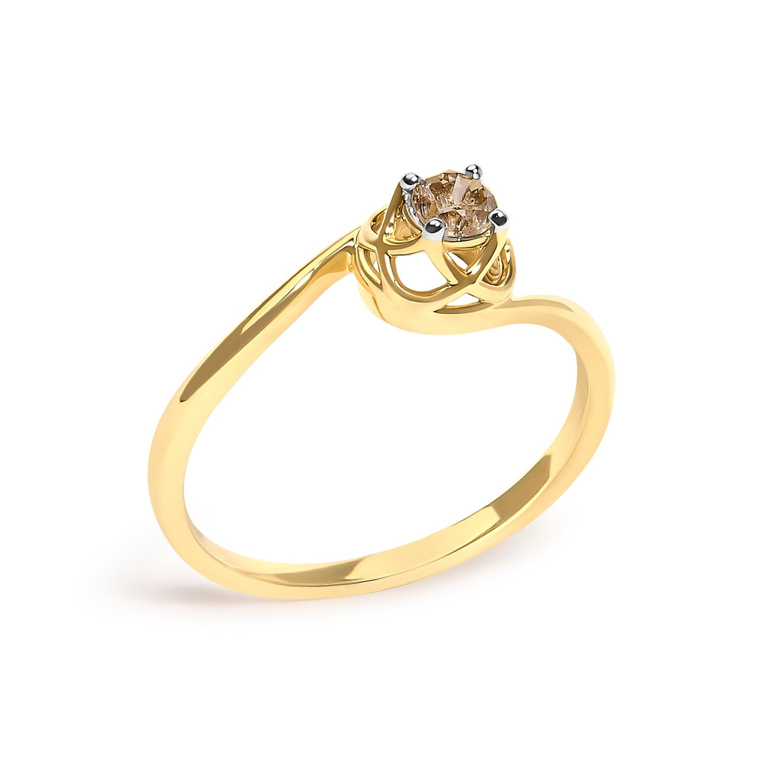 14K Yellow Gold Plated Sterling Silver 1/5 Ct Light Brown Diamond Bypass Solitaire Ring  DestGlow