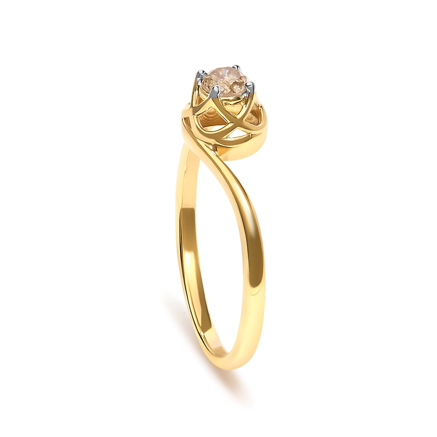 14K Yellow Gold Plated Sterling Silver 1/5 Ct Light Brown Diamond Bypass Solitaire Ring  DestGlow