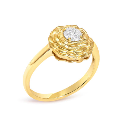 14K Yellow Gold Plated Sterling Silver 1/3 Cttw Lab Grown Diamond Floral Motif Solitaire Ring  DestGlow