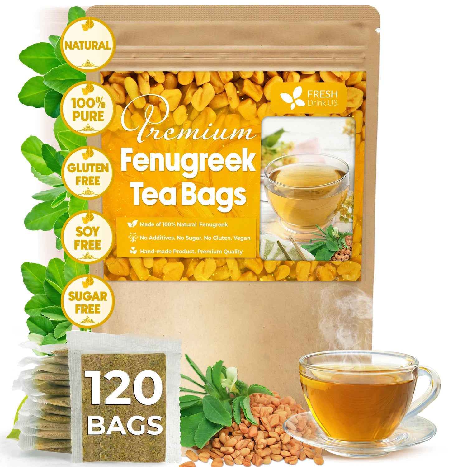 Premium Fenugreek Tea Bags. No Sugar, No Caffeine, No Gluten, Vegan. (30 Tea Bags)