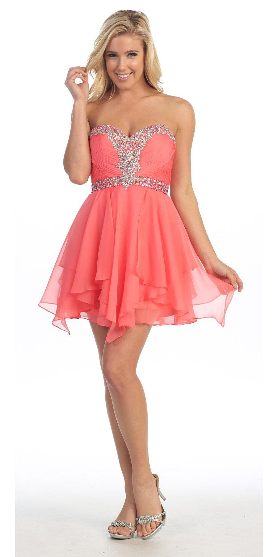 CLEARANCE - Celavie 3005s Short Coral A-Line Dress Sweetheart Rhinestone (Size S) by DiscountDressShop