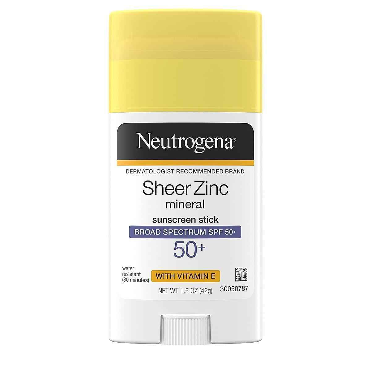 Neutrogena Sheer Zinc Oxide Mineral Sunscreen Stick With Vitamin E, Broad Spectrum SPF 50+ &amp; UVA/UVB Protection, Water Resistant &amp; Residue-Free Application, Paraben/Dye Free, 1.5 Oz