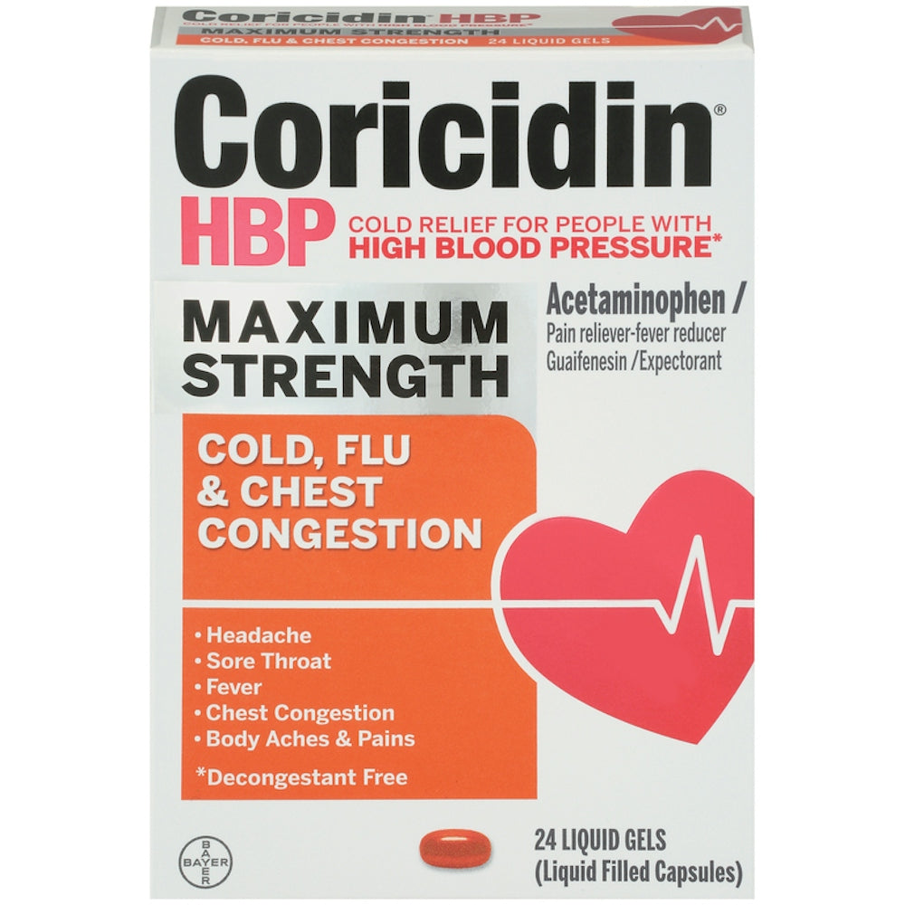 Coricidin HBP Maximum Strength Cold, Flu &amp; Chest Congestion, 24 Liquid Gels by Pasteur Pharmacy