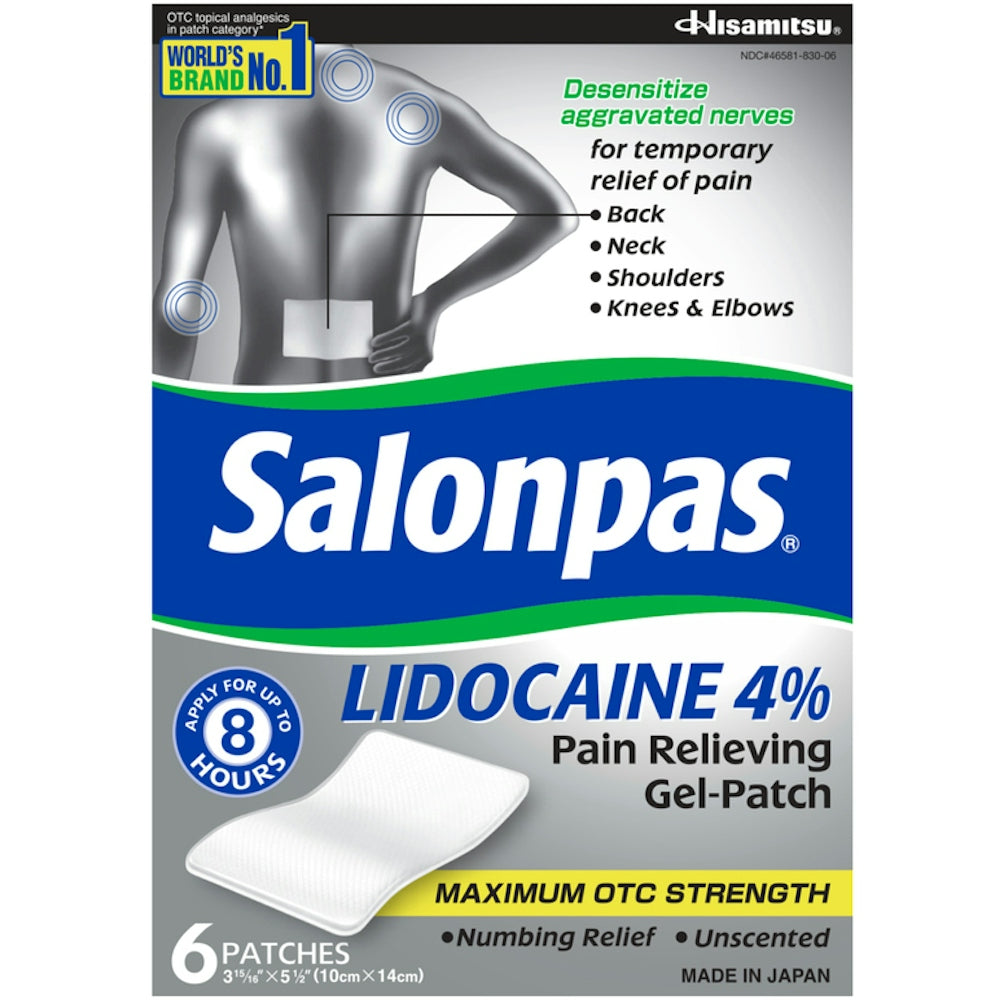 Salonpas Lidocaine 4% Pain Relieving Gel-Patch, Maximum Strength, Unscented, 6 Patches by Pasteur Pharmacy