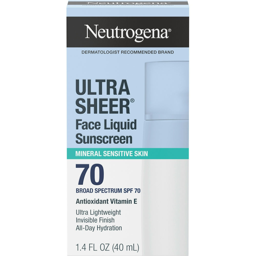 Neutrogena Ultra Sheer Face Liquid Mineral Sunscreen, Lightweight, Broad Spectrum SPF 70 Facial Sunscreen For Sensitive Skin Leaves A Silky, Non-Greasy Finish, Oxybenzone-Free, 1.4 Fl. Oz by Pasteur Pharmacy