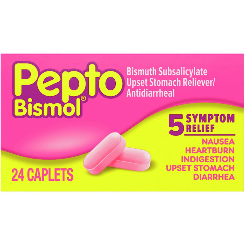 Pepto Bismol Upset Stomach Reliever/Antidiarrheal, 5 Symptom Relief, Caplets by Pasteur Pharmacy