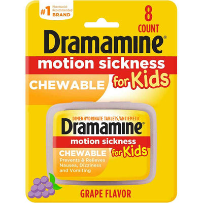 Dramamine Motion Sickness Relief, For Kids, Travel Case, Chewable Tablets, Grape Flavor