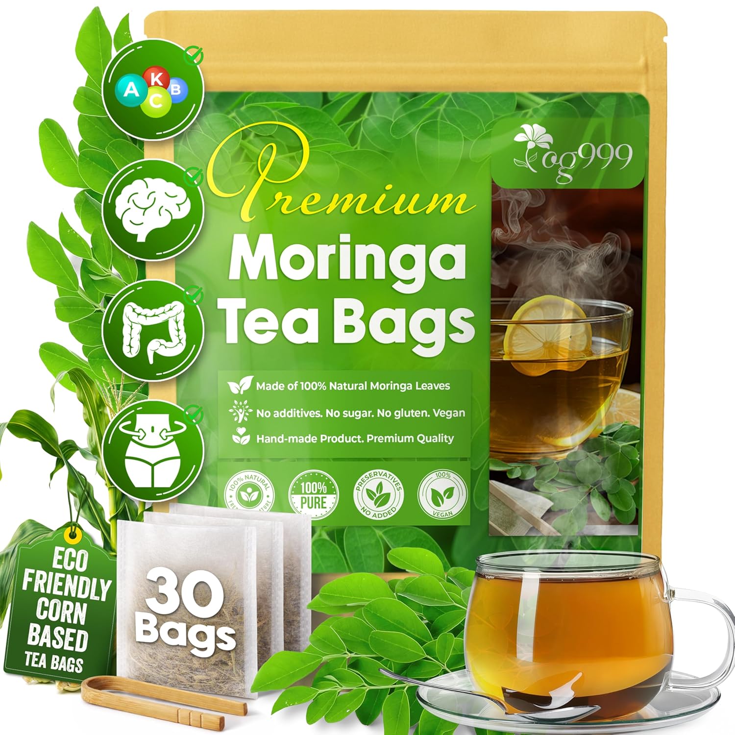 Moringa Leaf Tea Bags, 100% Natural &amp; Pure from Moringa Leaves. Loose Leaf Moringa Herbal Tea. Moringa Leaf Tea. No Sugar, No Caffeine, No Gluten, Vegan by FreshDrinkUS - Natural and Premium Herbal Tea