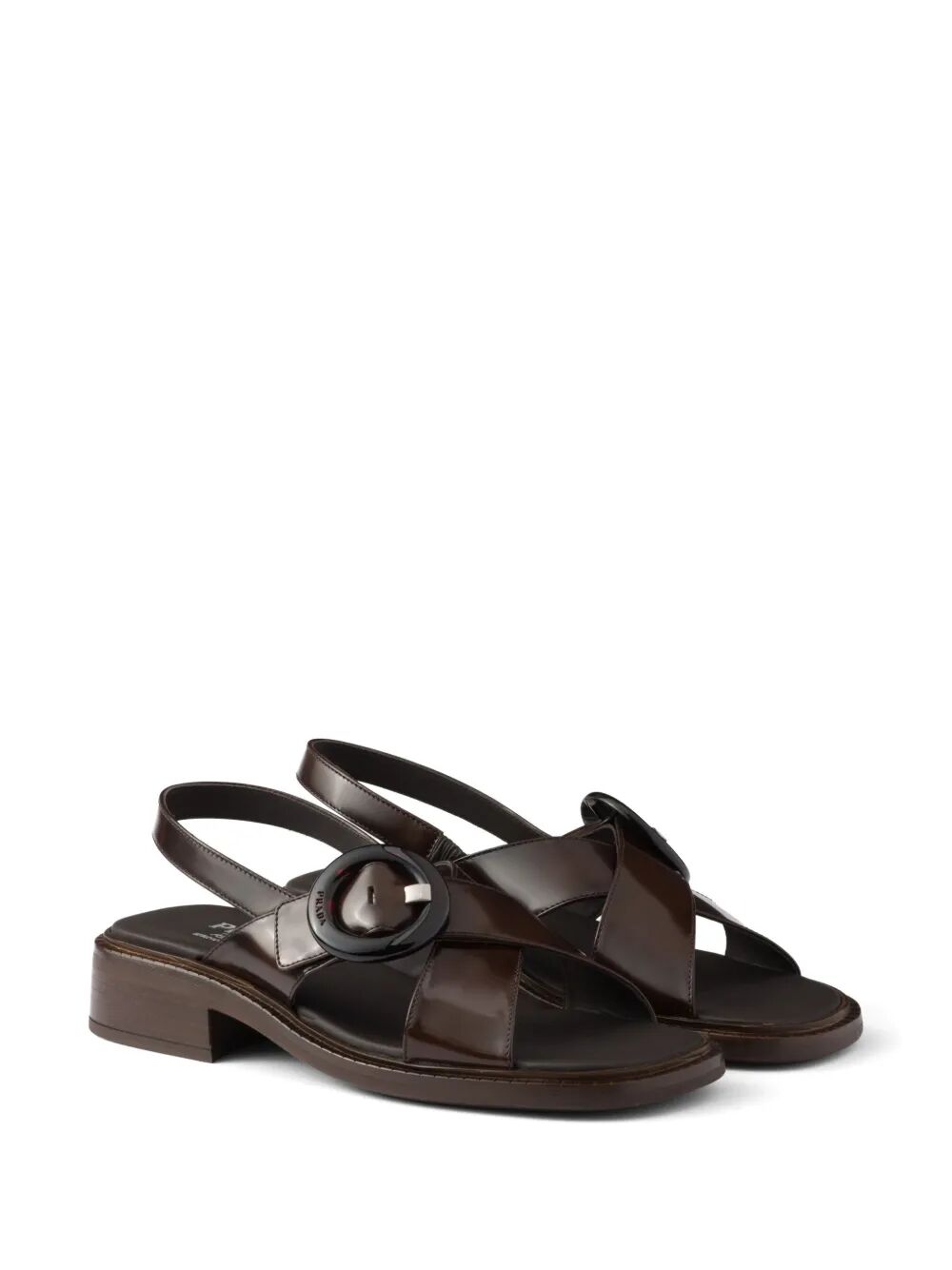 Prada Women Brushed Leather Crisscross Band Sandals With Plexiglas Buckle by Luosophy