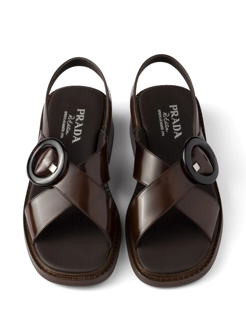 Prada Women Brushed Leather Crisscross Band Sandals With Plexiglas Buckle by Luosophy