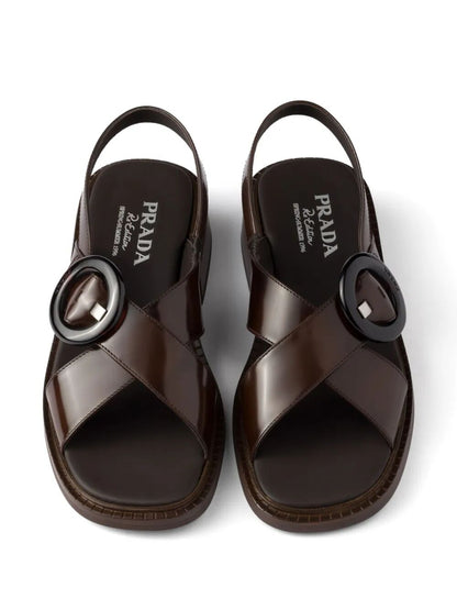Prada Women Brushed Leather Crisscross Band Sandals With Plexiglas Buckle by Luosophy