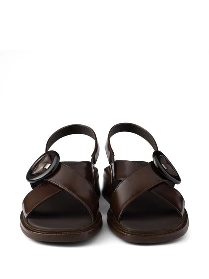 Prada Women Brushed Leather Crisscross Band Sandals With Plexiglas Buckle by Luosophy