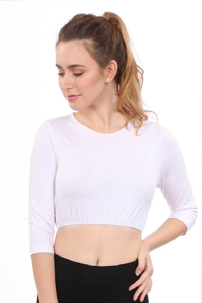 Modest Neck Cropped Layering - Cotton Spandex 3/4 Sleeve Shell Top by Kosher Casual USA