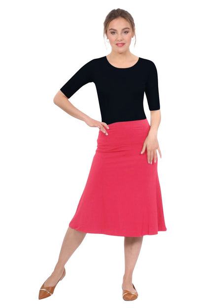 Sleek A-Line Adjustable Waist Midi Skirt with Fold-Over Waistband by Kosher Casual USA