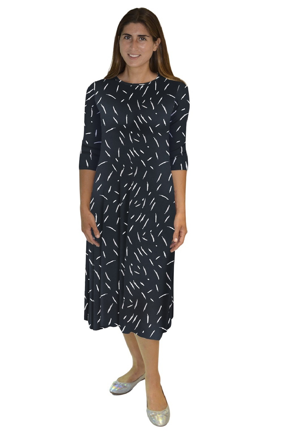 Mid-Calf 3/4 Sleeve Swing Dress with Pockets by Kosher Casual USA