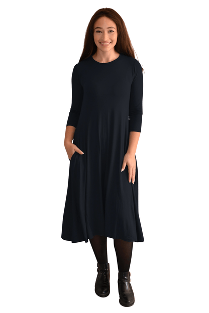 Mid-Calf 3/4 Sleeve Swing Dress with Pockets by Kosher Casual USA