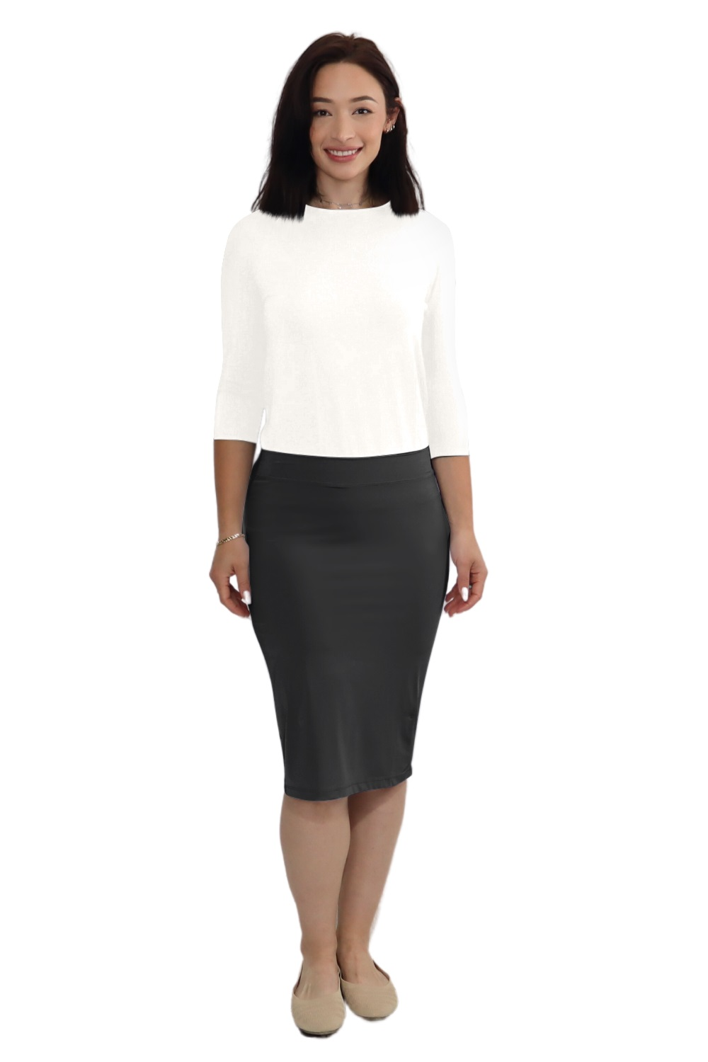 Lightweight Silky Fitted Knee-Length Pencil Skirt in Stretch Nylon by Kosher Casual USA