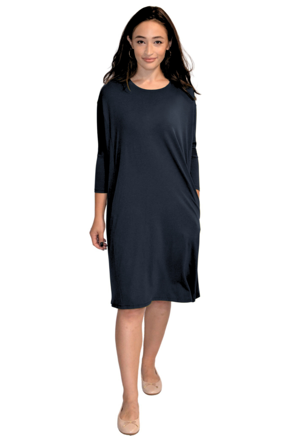 Relaxed Fit Modest 3/4 Sleeve Knee-Length Dress with Pockets by Kosher Casual USA