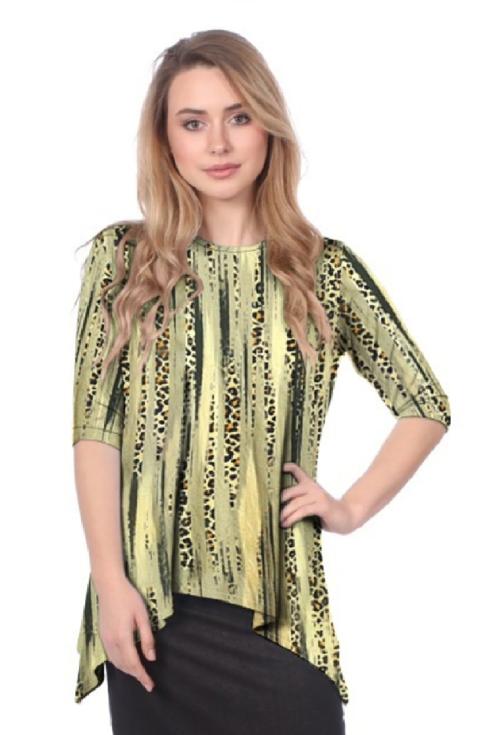 Modest Handkerchief Tunic Top - 3/4 Sleeve Comfort Flow Design by Kosher Casual USA