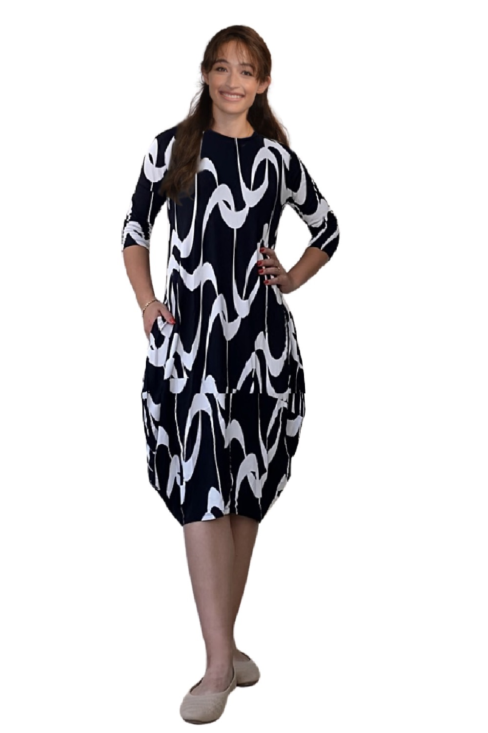 3/4 Sleeve Tulip Cocoon Dress - Mid-Calf Length with Pockets by Kosher Casual USA