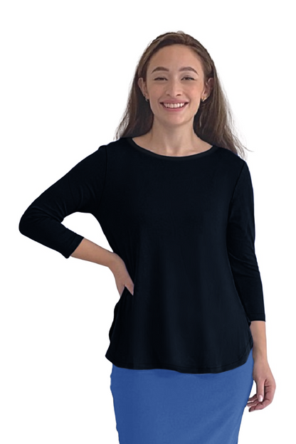 Curved Side Hem Tunic with 3/4 Sleeves and Modest Crew Neckline by Kosher Casual USA