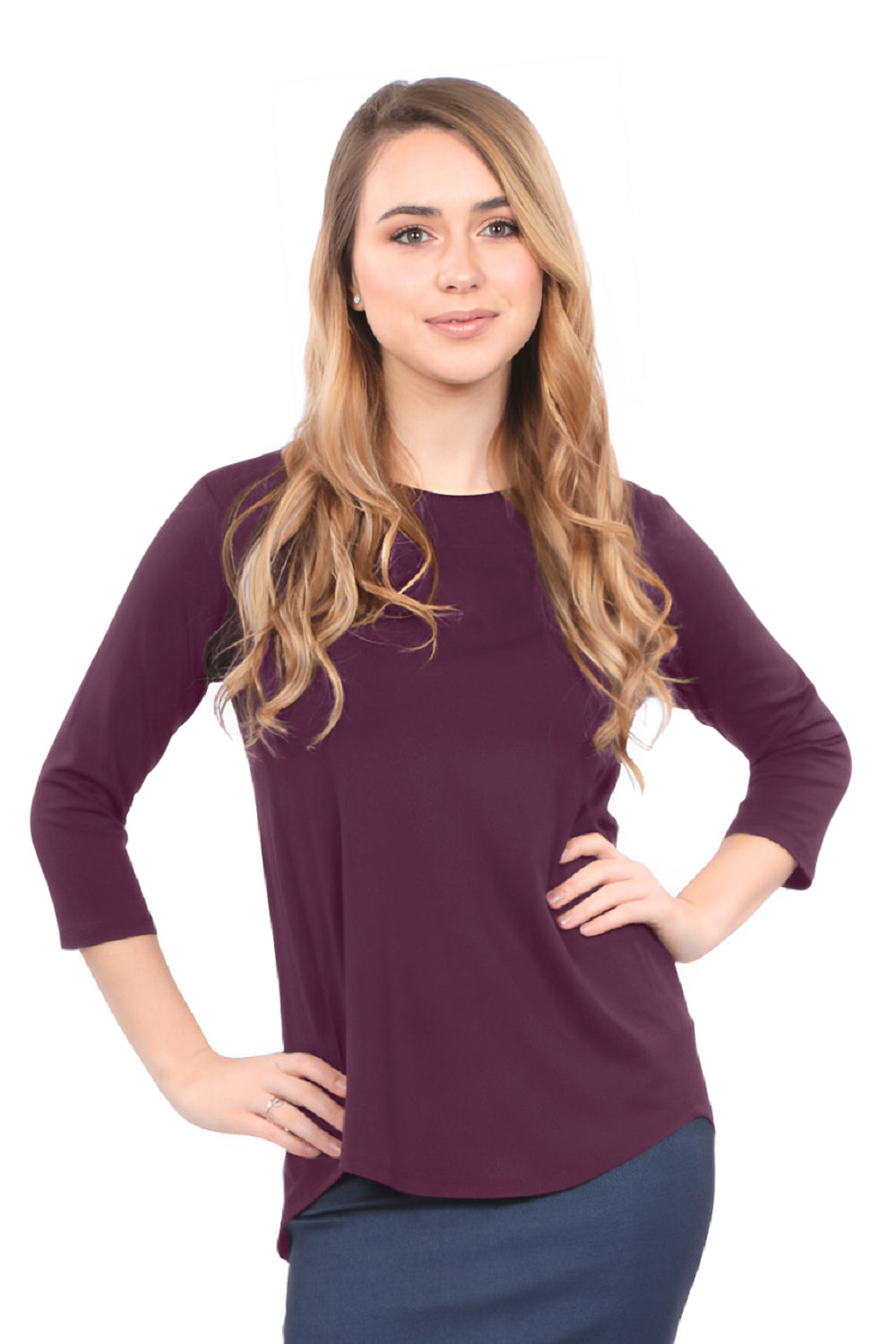 3/4 Sleeve Curved Hem Tunic Top - Breathable Viscose Spandex by Kosher Casual USA