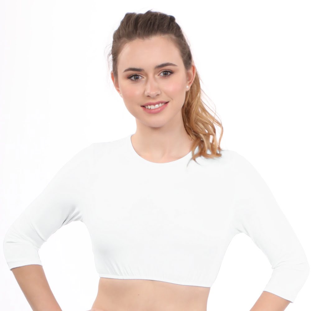 Modest Neck Cropped Layering - Cotton Spandex 3/4 Sleeve Shell Top by Kosher Casual USA