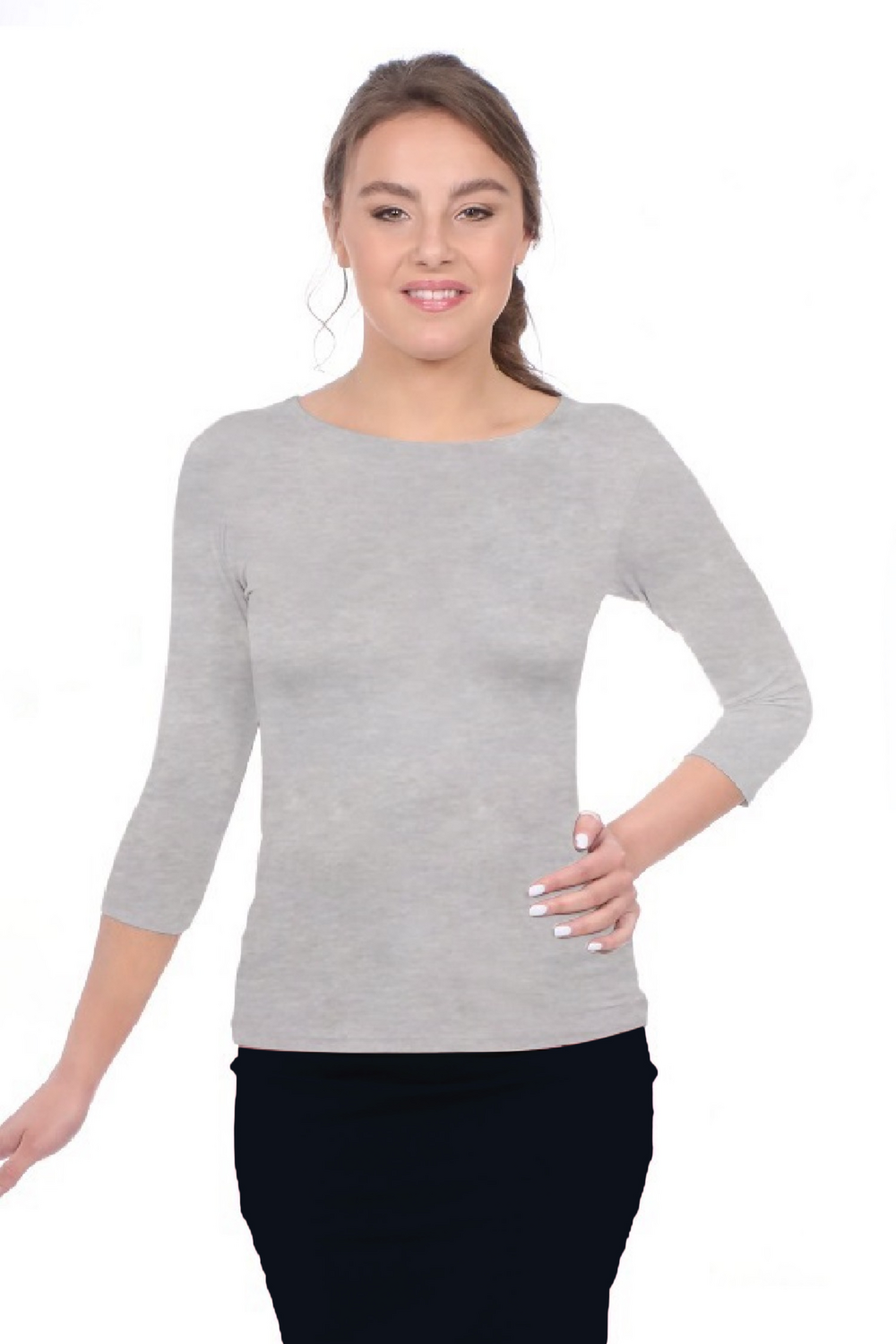 Fitted 3/4 Sleeve Layering Shell - High Round Neckline Slim-Fit Undershirt by Kosher Casual USA