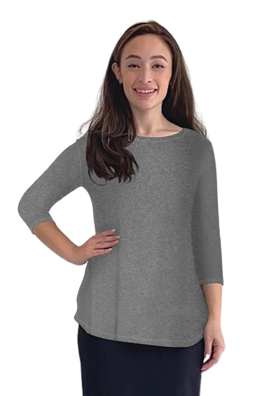 Curved Side Hem Tunic with 3/4 Sleeves and Modest Crew Neckline by Kosher Casual USA